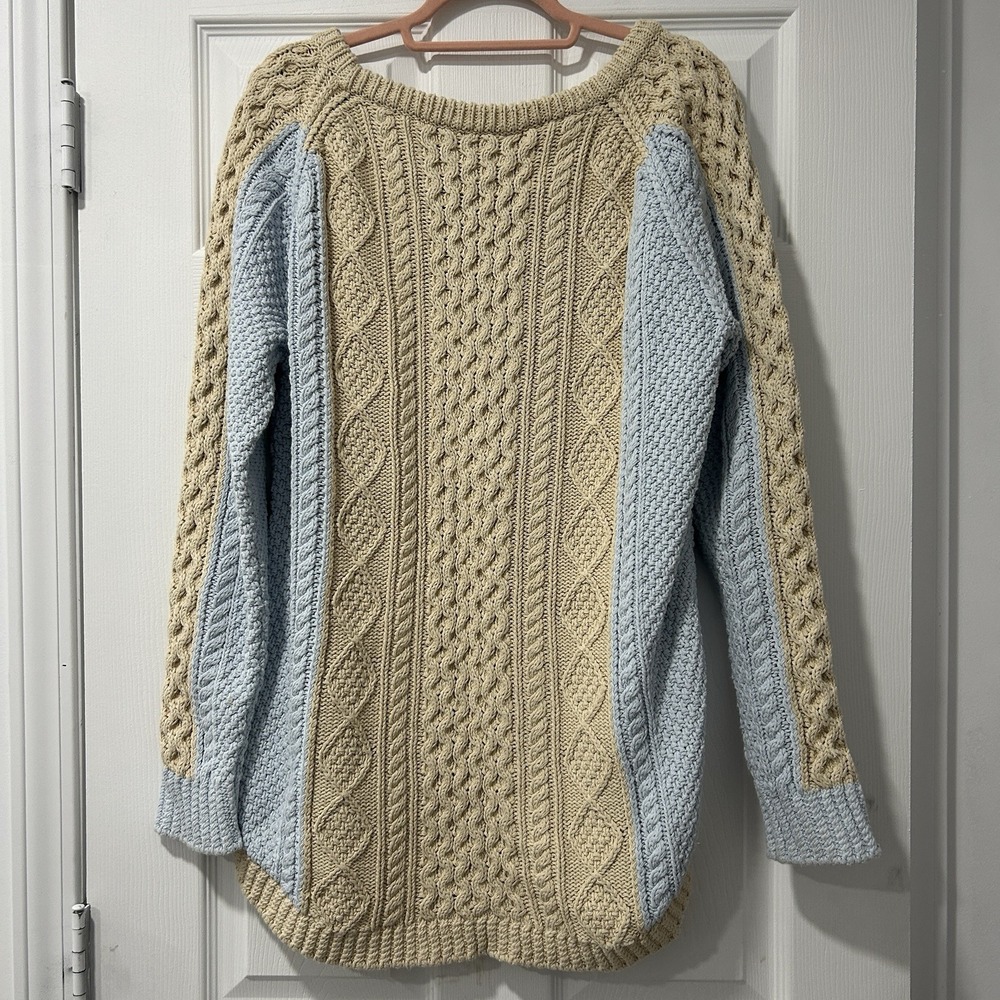 LL Bean Signature Womens Size L Beige Fisherman Cable Knit Sweater 100% Cotton - Picture 6 of 10